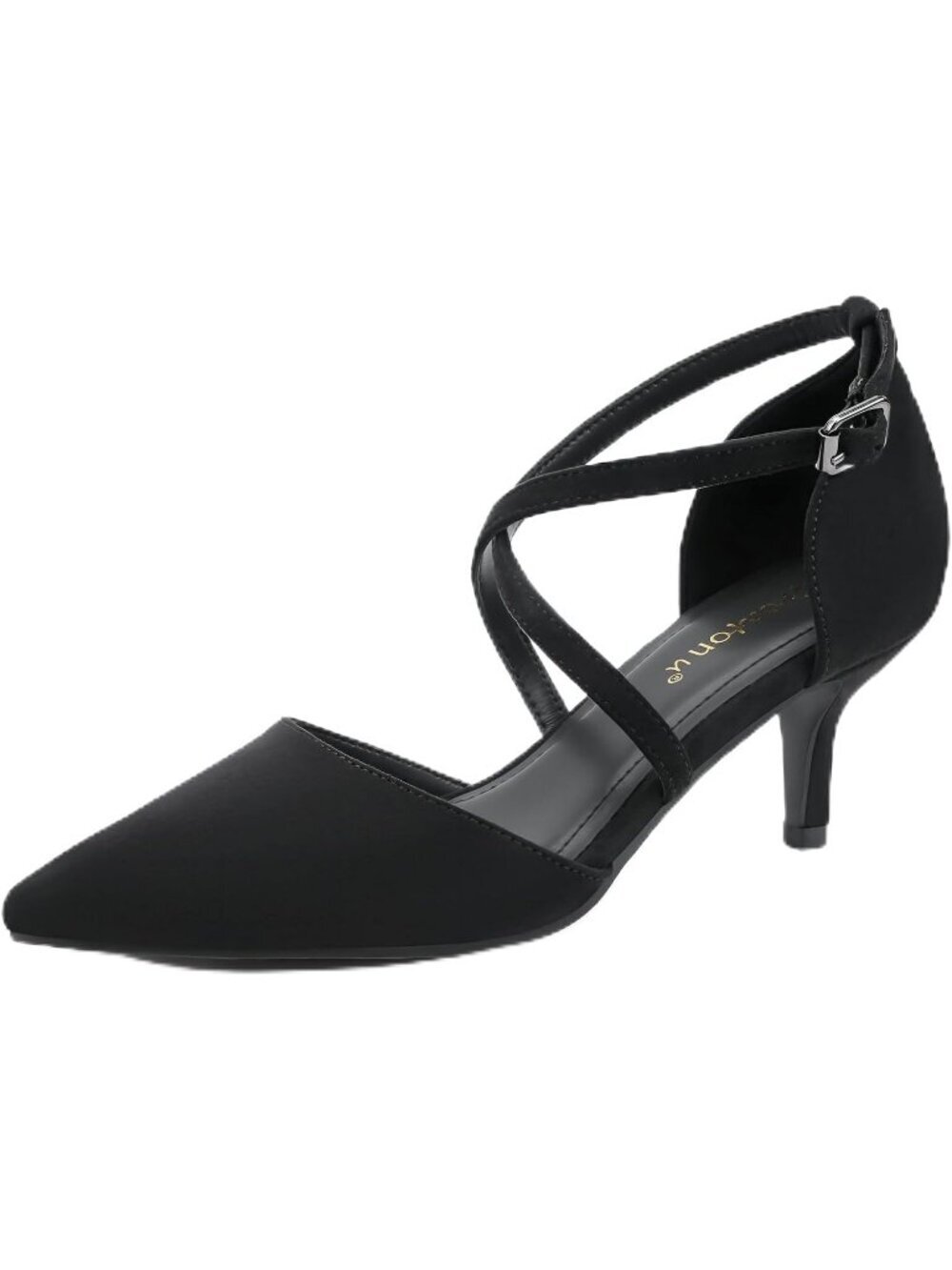 Women's Black Suede Kitten Closed Pointed Toe Heels Low Heel Cross Strap Shoes